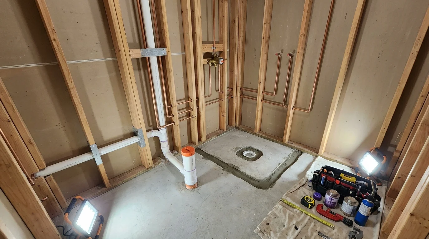 Bathroom rough-in plumbing during remodel by Johns Plumbing LLC in Grasonville