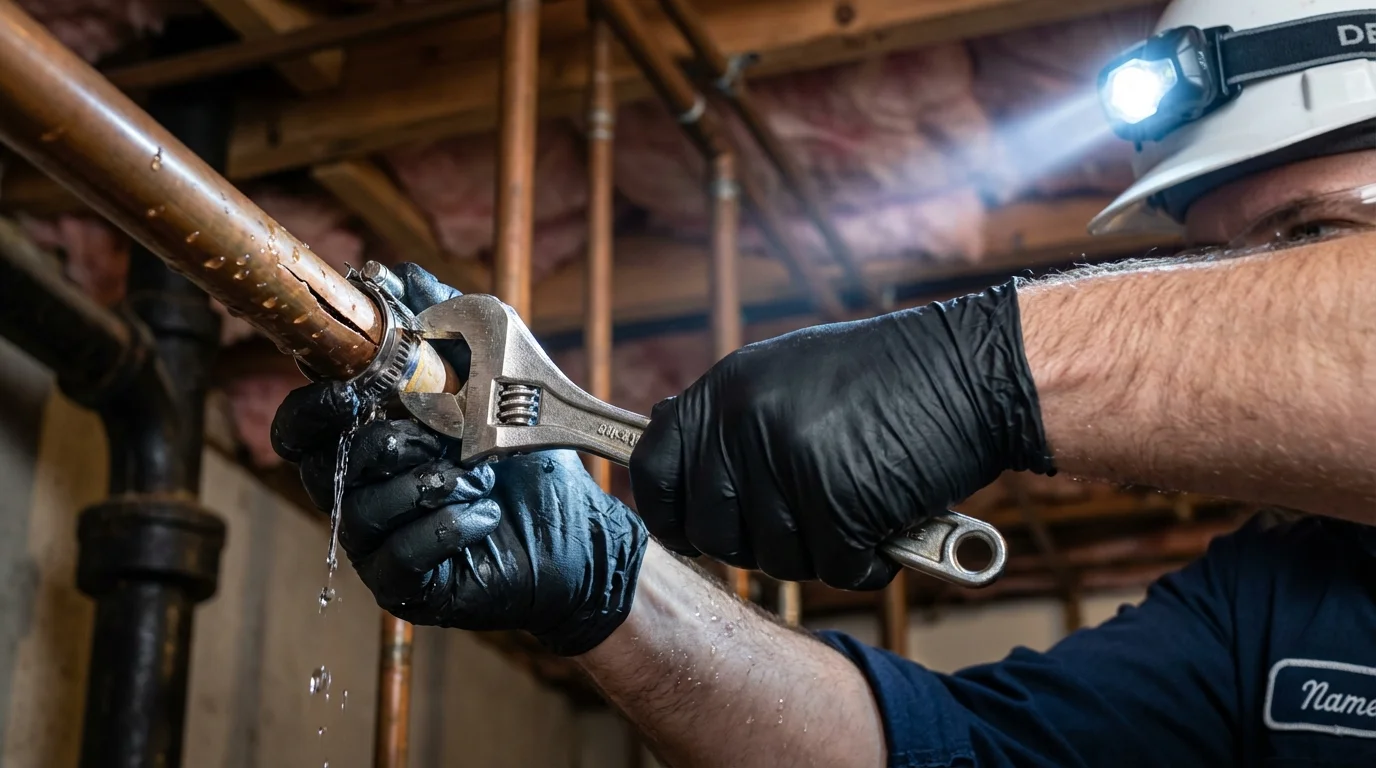 Emergency pipe clamp repair being performed by a Johns Plumbing LLC plumber in Grasonville