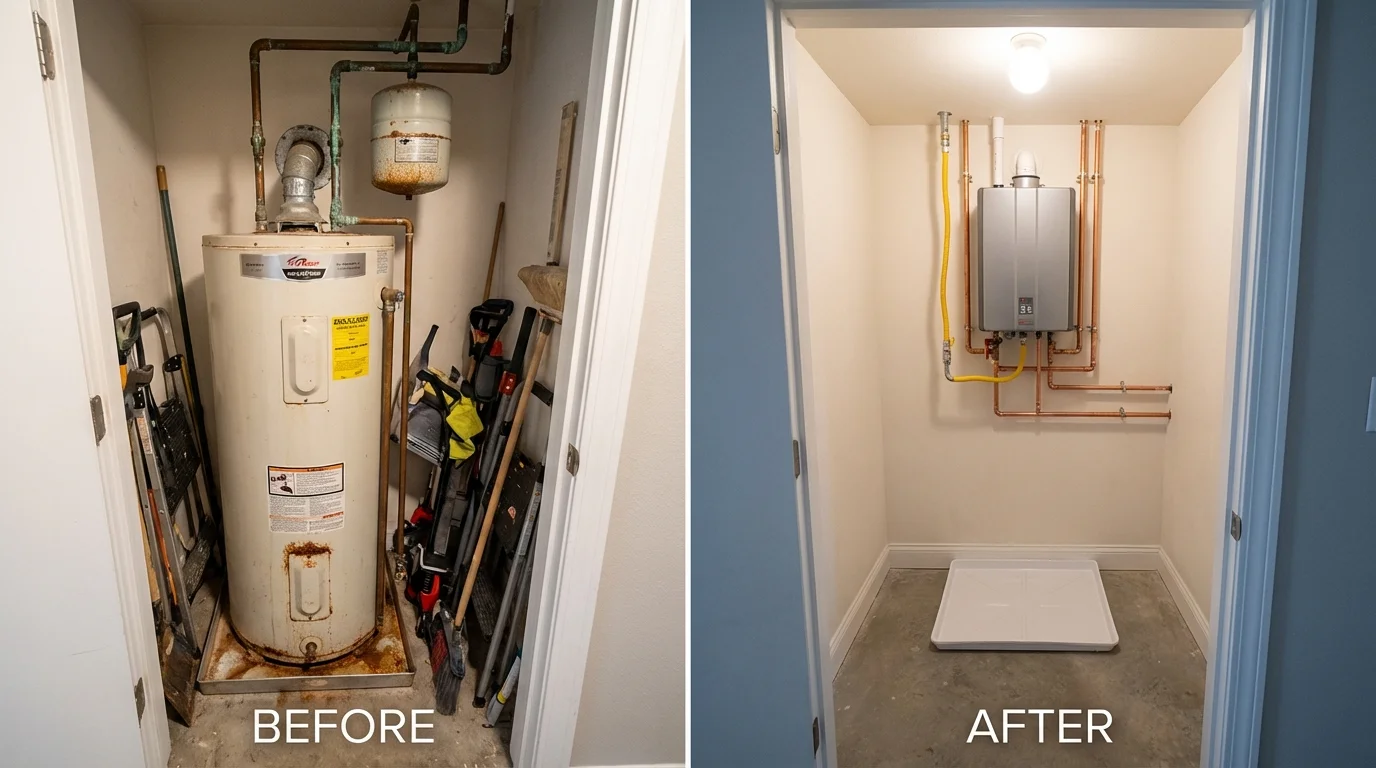 Tank water heater versus wall-mounted tankless unit comparison for Grasonville, MD homeowners