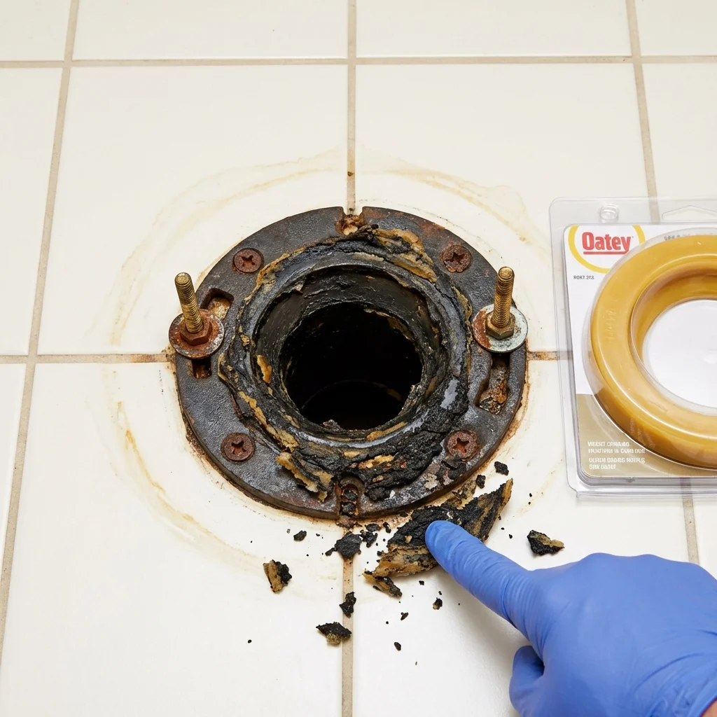 Failed wax ring showing water seepage at the base of a toilet in a Grasonville, MD home