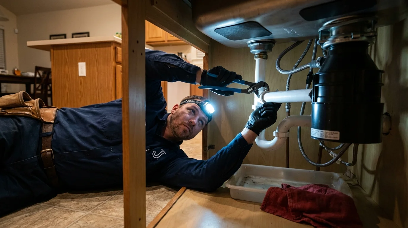 P-trap and supply line connections under a kitchen sink showing a common leak point in Grasonville, MD